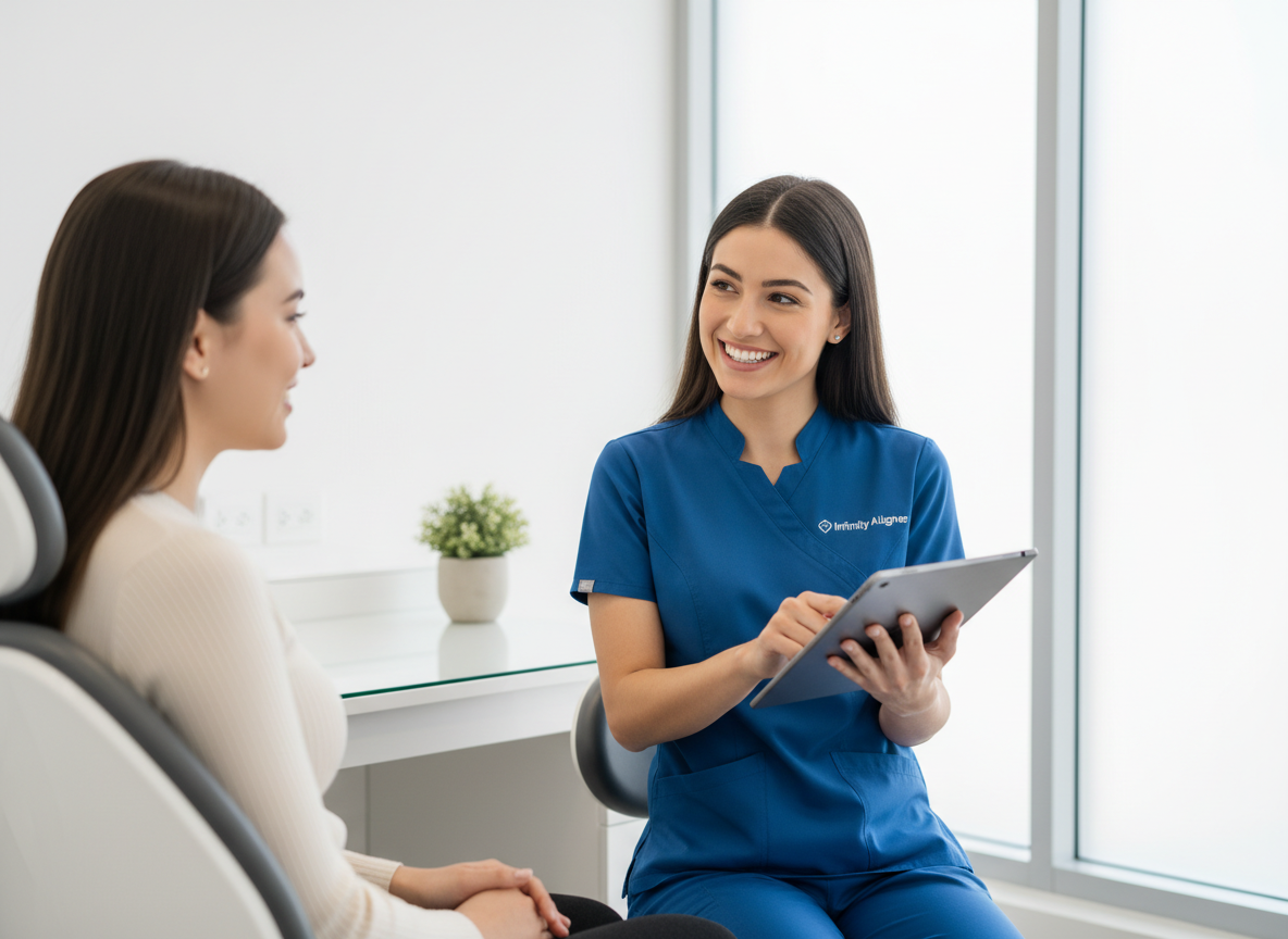 Dentist consulting with patient about clear aligners