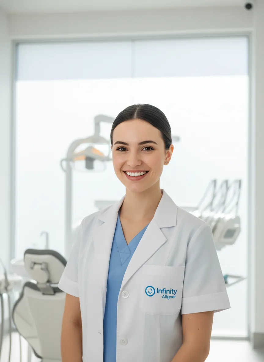Patient smiling confidently with clear aligners